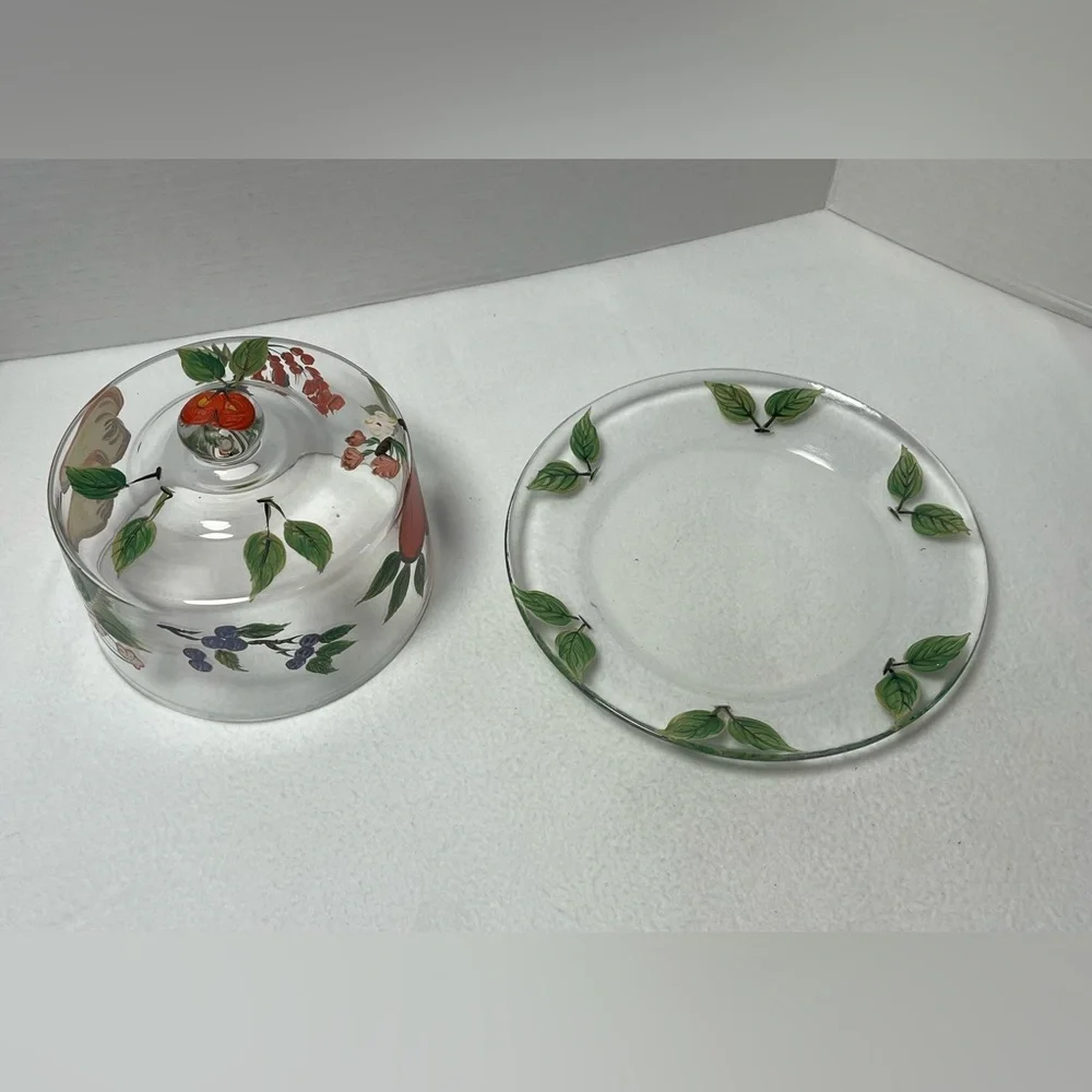 Vintage  Hand-Painted Glass Butter Dish with Red Fruit Motif